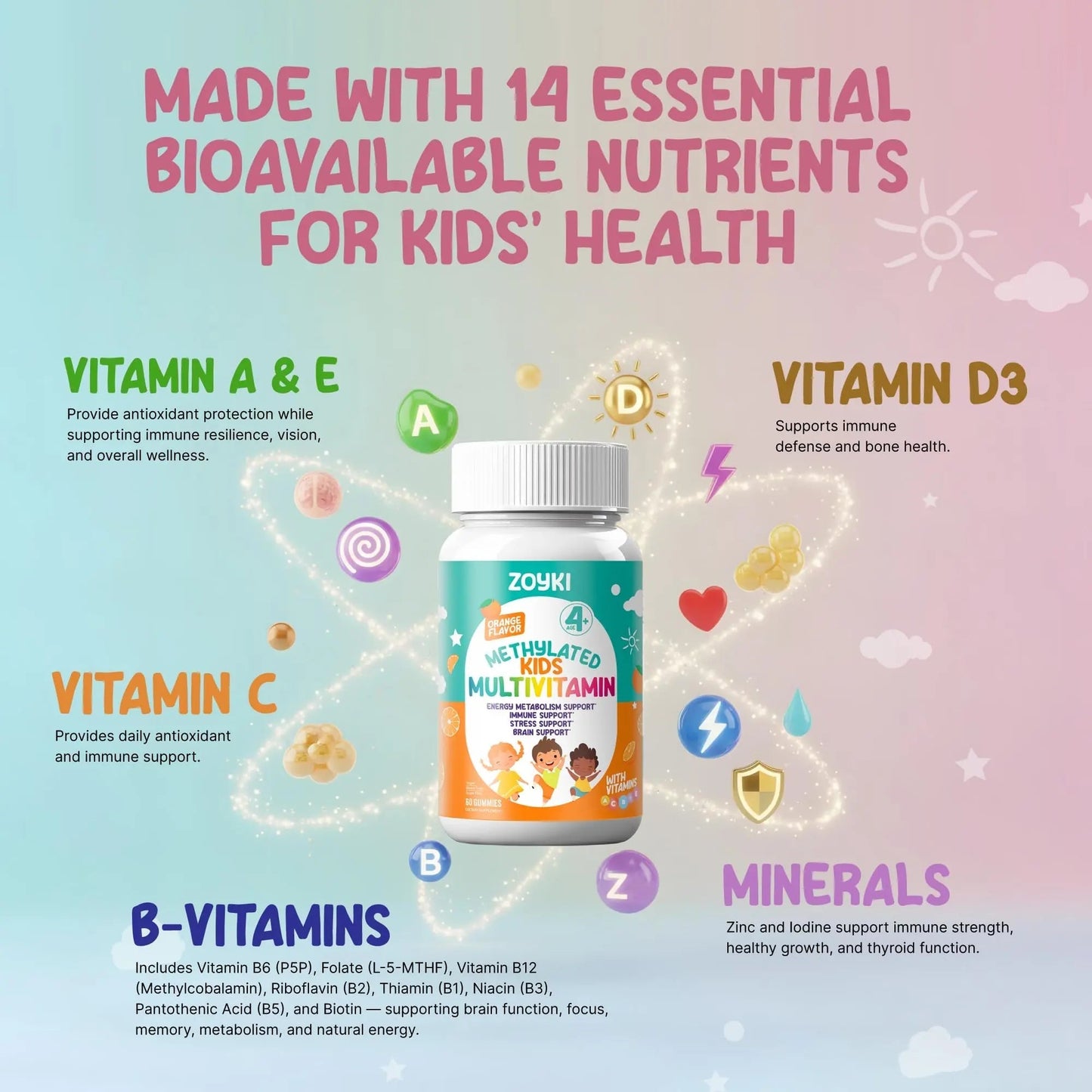 Zoyki Methylated Multivitamin Gummies for Kids - Children’s MTHFR Support Supplement with B Complex 5-MTHF Folate (L-Methylfolate) Zoyki