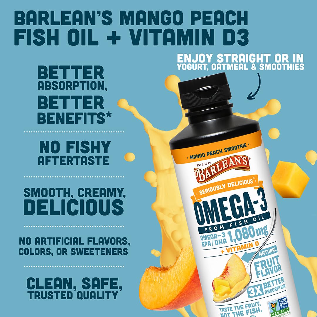 Barlean's Omega 3 Fish Oil Liquid Supplement with Vitamin D for Men and Women, 1080mg of EPA and DHA Fatty Acid, Promotes Brain & Heart Health - Non-GMO, Mango Peach, 16 oz Barlean'sBuy Supplements Australia