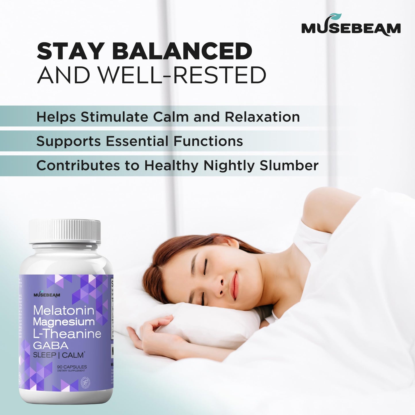 MuseBeam Magnesium Glycinate 275mg Melatonin 5mg L-Theanine 200mg GABA 100mg Capsules - Full Rest Nighttime Bedtime Support Supplement for Men Women - Vegan Sugar-Free Gluten-Free musebeamBuy Supplements Australia