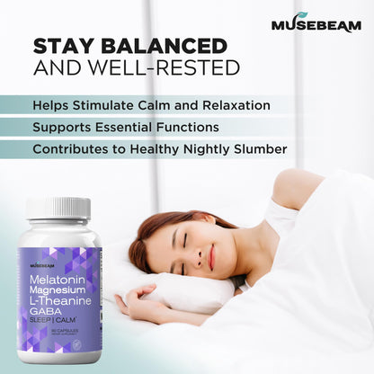 MuseBeam Magnesium Glycinate 275mg Melatonin 5mg L-Theanine 200mg GABA 100mg Capsules - Full Rest Nighttime Bedtime Support Supplement for Men Women - Vegan Sugar-Free Gluten-Free musebeamBuy Supplements Australia