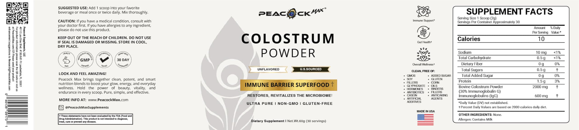 Peacock Max Colostrum Powder – 60g (30 Servings), Unflavored Bovine Colostrum Supplement, Superfood for Hair, Skin & Gut Health, Gluten-Free, Non-GMO Peacock MaxBuy Supplements Australia