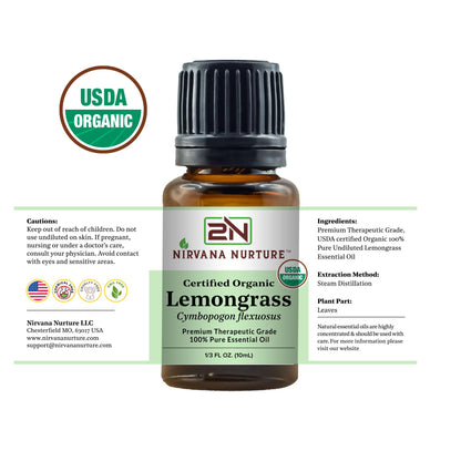 Nirvana Nurture Lemongrass Essential Oil USDA Certified Organic 100% Pure Premium Therapeutic Grade Nirvana NurtureBuy Supplements Australia