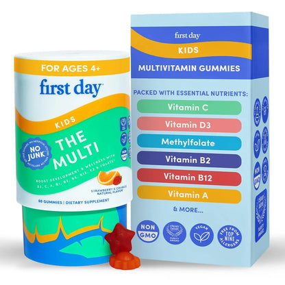 First Day Kids Multivitamin Gummies Age 4+, Strawberry & Orange - Kids Vitamins Multivitamin Gummy A C D3 K2 B1 B2 B6 B12 Folate, Immunity & Brain Function FIRST DAYBuy Supplements Australia