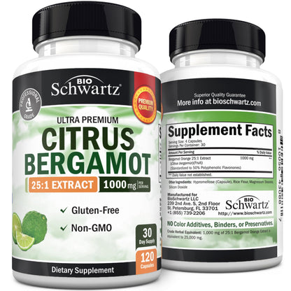 Citrus Bergamot 1000mg - Citrus Bergamot Supplement for Cholesterol and Heart Health - Ultra Concentrated from Fresh Fruit for Enhanced Absorption