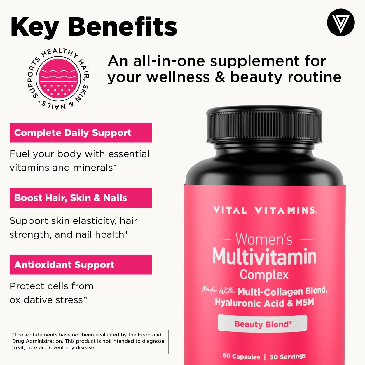 Vital Vitamins Women's Multivitamin Complex - Made with Multi-Collagen Blend, Hyaluronic Acid, & MSM - Beauty Multivitamins - with Vitamin A, C, E, B6, B12, D3-60 Capsules Vital VitaminsBuy Supplements Australia