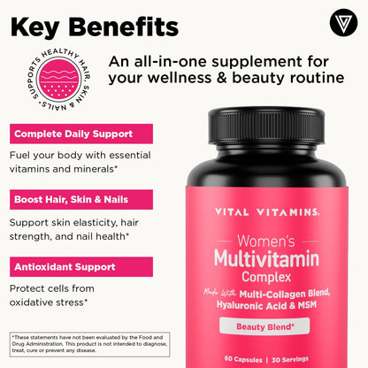 Vital Vitamins Women's Multivitamin Complex - Made with Multi-Collagen Blend, Hyaluronic Acid, & MSM - Beauty Multivitamins - with Vitamin A, C, E, B6, B12, D3-60 Capsules Vital VitaminsBuy Supplements Australia