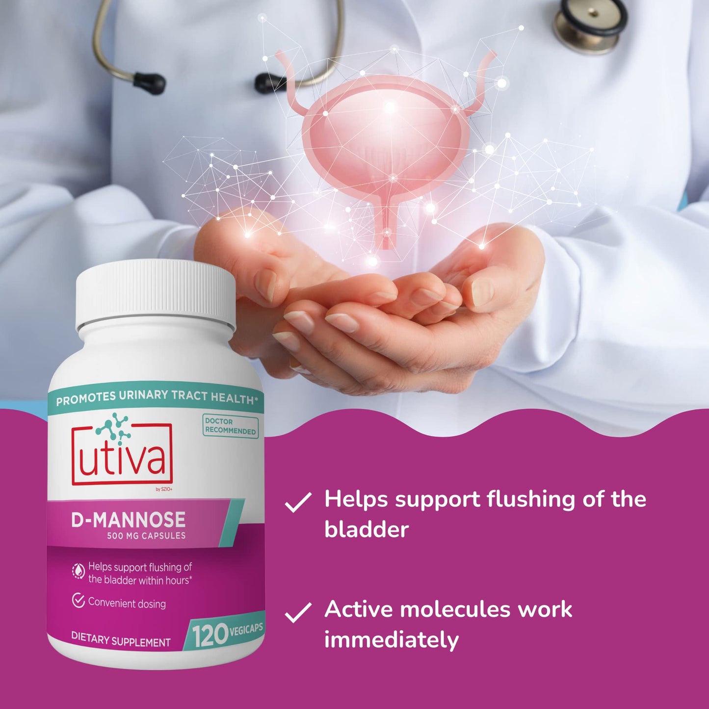 Szio+ Utiva D-Mannose 500mg Capsules – Naturally Flush The Bladder and Urinary Tract – UTI Avoidance – D Mannose Supplements for Women – Supports Urinary Tract Infection Treatments, 120 Capsules Szio+Buy Supplements Australia