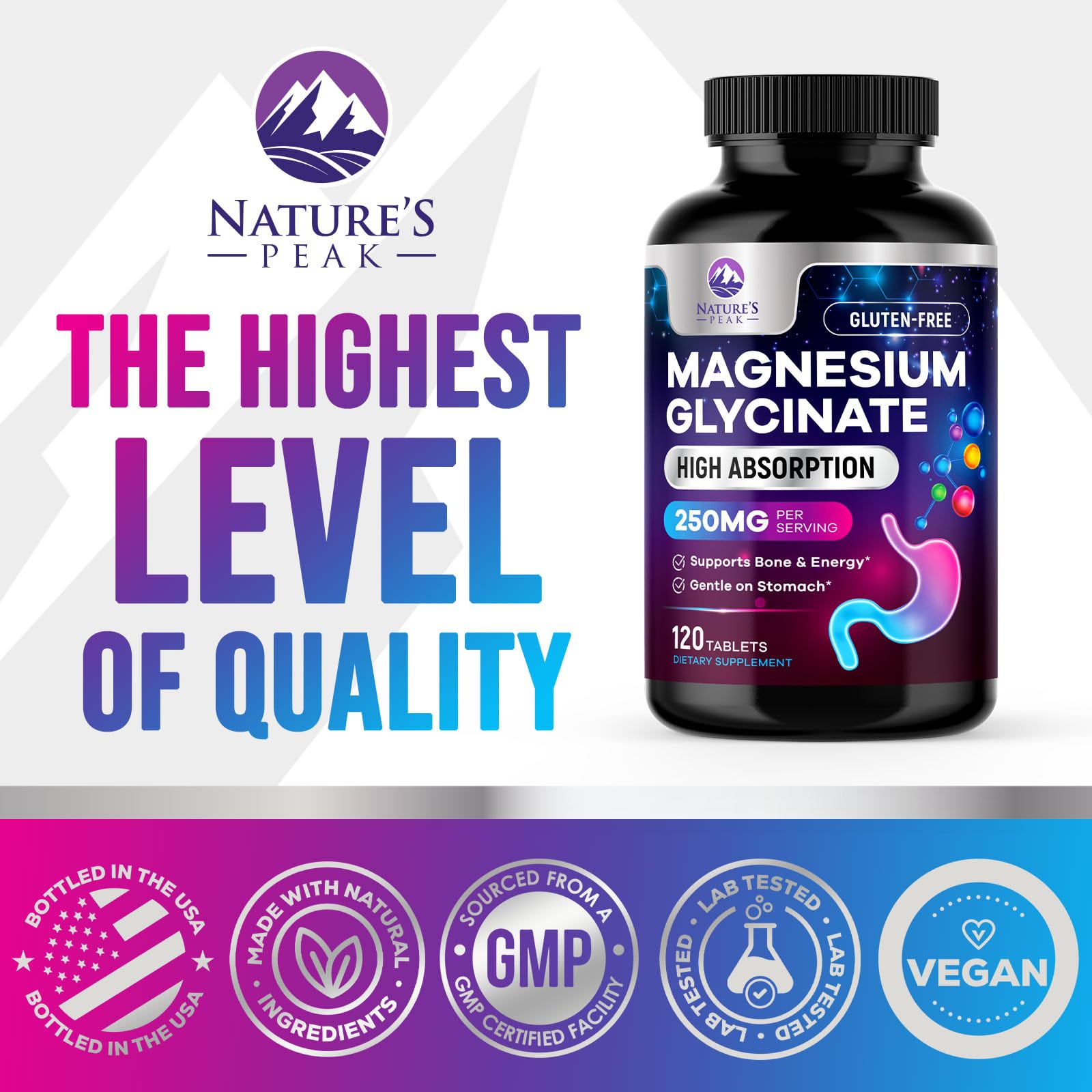 Magnesium Glycinate Supplement 250mg - 100% Chelated & Purified - to Support Sleep, Heart Health, Muscles, & Bone Strength - Best Absorption Magnesium Glycinate Capsules, Bottled in USA - 120 Tablets Nature's PeakBuy Supplements Australia