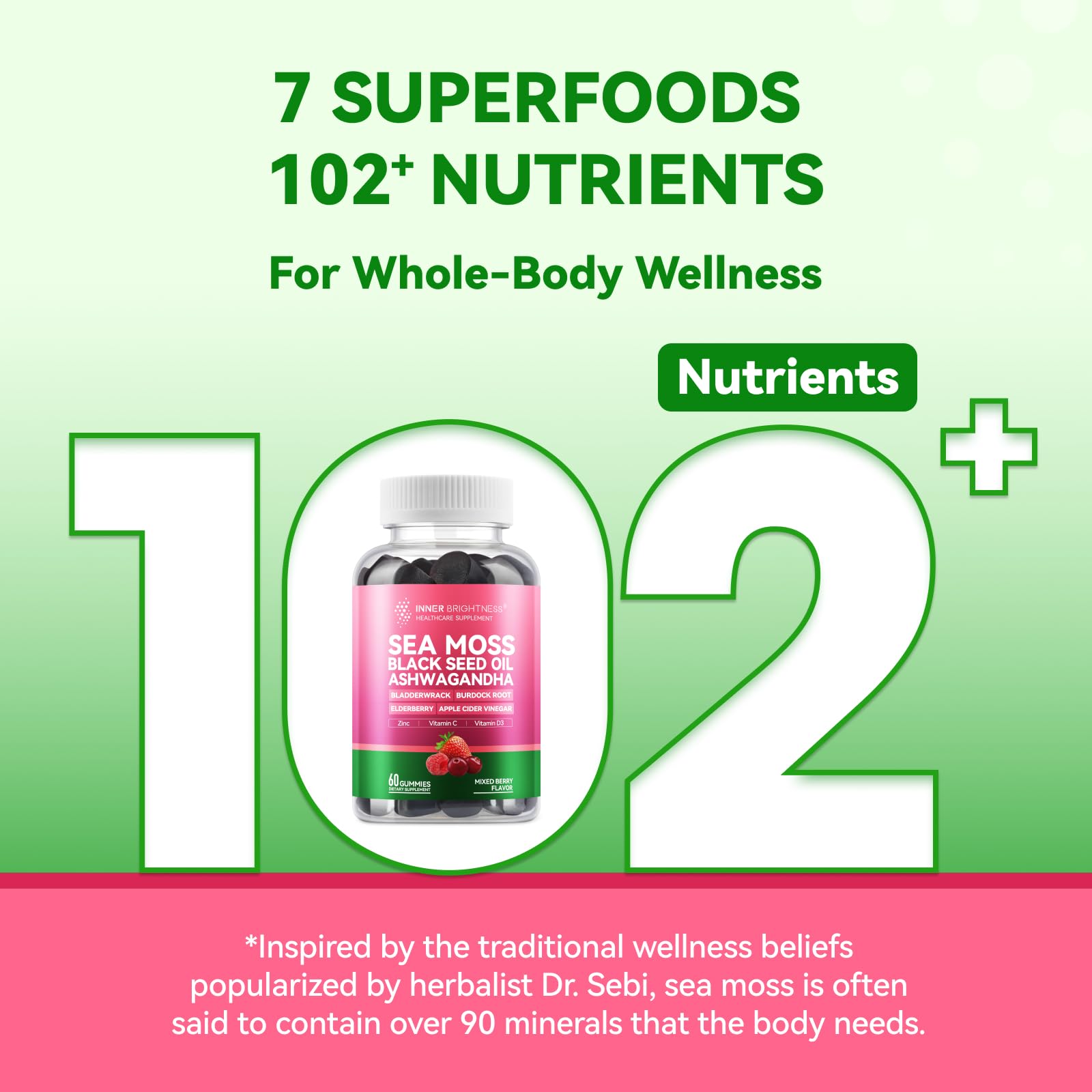 Inner Brightness Sea Moss 4000mg Gummies with Ashwagandha, Elderberry, Apple Cider Vinegar, Bladderwrack, Burdock Root – Immune Support – Mixed Berry Flavor – 60 Count Inner BrightnessBuy Supplements Australia