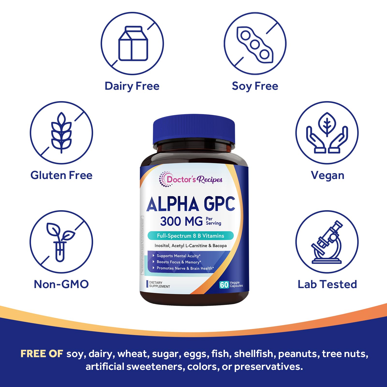 Doctor's Recipes Alpha GPC 300 mg Supplement, with 8 B Vitamins, Inositol, Acetyl L-Carnitine, Highly Bioavailable Source of Choline, 12-in-1 Cognitive Support for Women & Men, 60 Veggie Capsules Doctor's RecipesBuy Supplements Australia