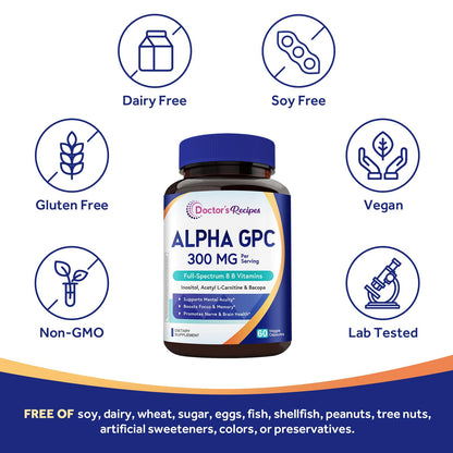 Doctor's Recipes Alpha GPC 300 mg Supplement, with 8 B Vitamins, Inositol, Acetyl L-Carnitine, Highly Bioavailable Source of Choline, 12-in-1 Cognitive Support for Women & Men, 60 Veggie Capsules Doctor's RecipesBuy Supplements Australia