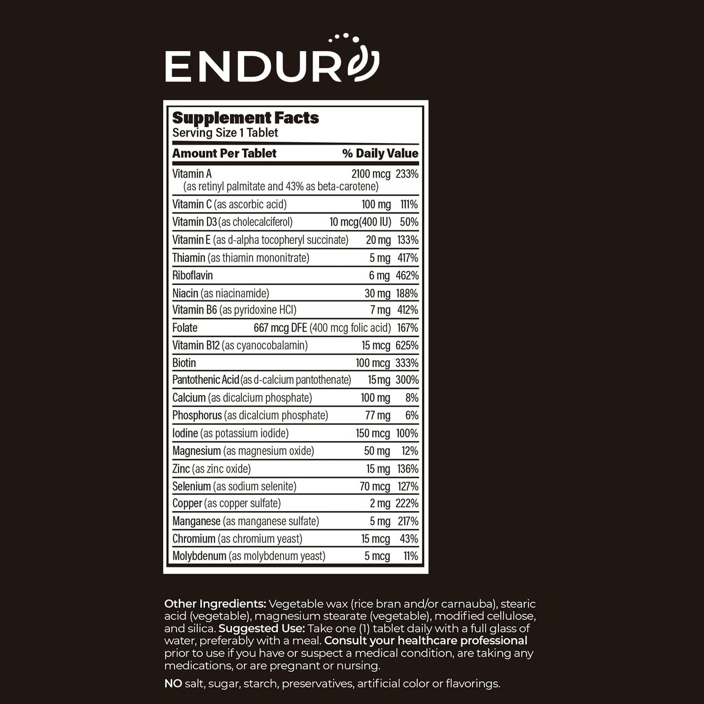 ENDUR-VM - Multivitamin Vitamin A, C, D, E, B12 & Zinc (Without Iron) SR (Sustained Release) 22 Essential Nutrients to Support Overall Wellness for Men & Postmenopausal Women - 150 Tablets Endurance ProductsBuy Supplements Australia