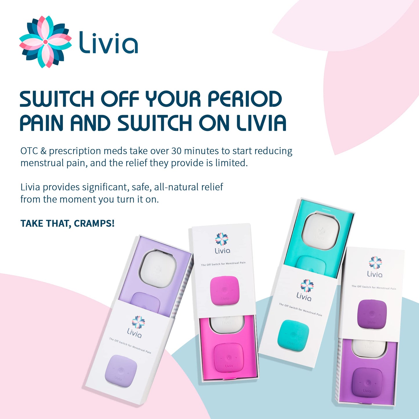 Livia Menstrual Pain Relief Device, Lavender - The Off Switch for Period Pain - Portable Unit with Stick-on Pads LiviaBuy Supplements Australia