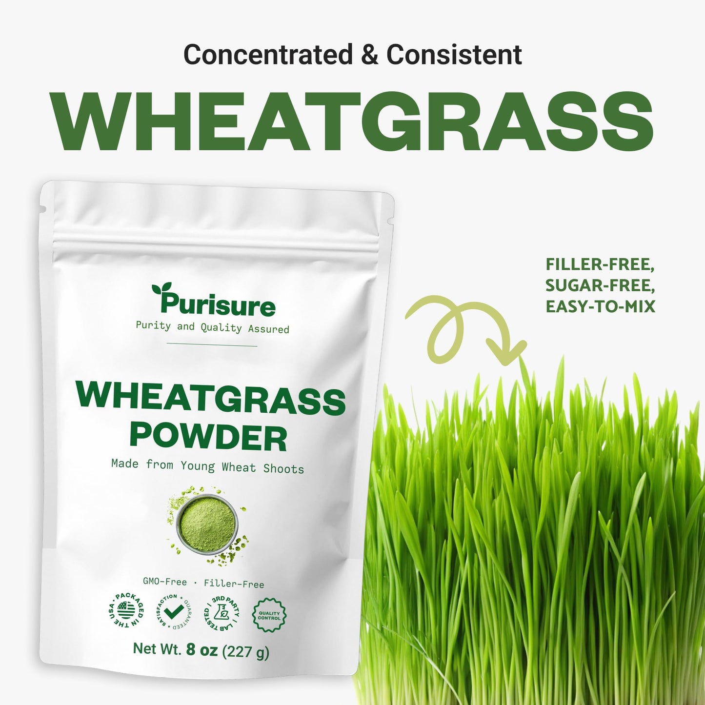 Purisure Wheatgrass Powder, 8oz, Wheat Grass Powder, Green Superfood for Salads, Smoothie and Shakes, Superfood Powder Rich in Immunity Vitamins, Fiber and Minerals, 76 Servings PurisureBuy Supplements Australia