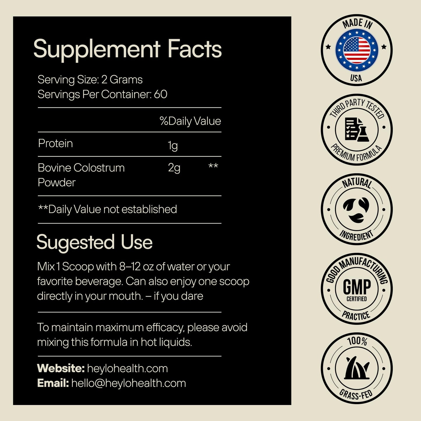 Heylo Premium Colostrum Powder – 100% Pure, Grass-Fed Bovine 40% IgG Supplement, Natural Gut Health Bloating Immunity Skin & Hair, Muscle Recovery, Rich in Immunoglobulins, 60 Servings Heylo HealthBuy Supplements Australia
