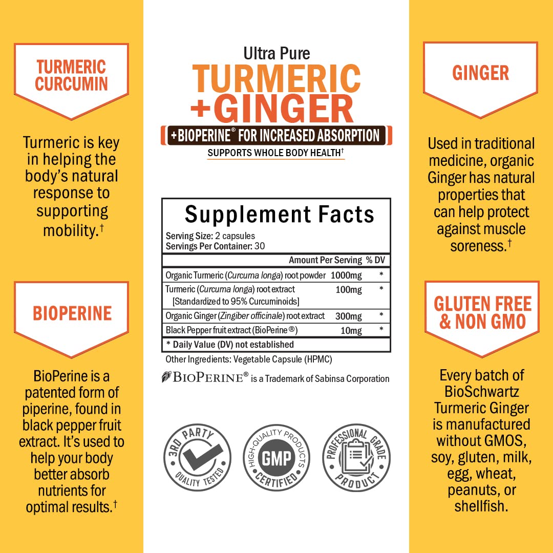 Organic Turmeric Curcumin and Ginger - 95% Standardized Curcuminoids with BioPerine BioSchwartzBuy Supplements Australia