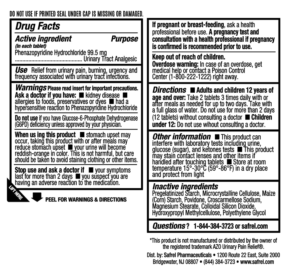 Safrel Urinary Pain Relief | UTI Relief | Fast Acting | Bladder Discomfort & Pain Relief | Phenazopyridine Hydrochloride 99.5mg (28 Count) SafrelBuy Supplements Australia