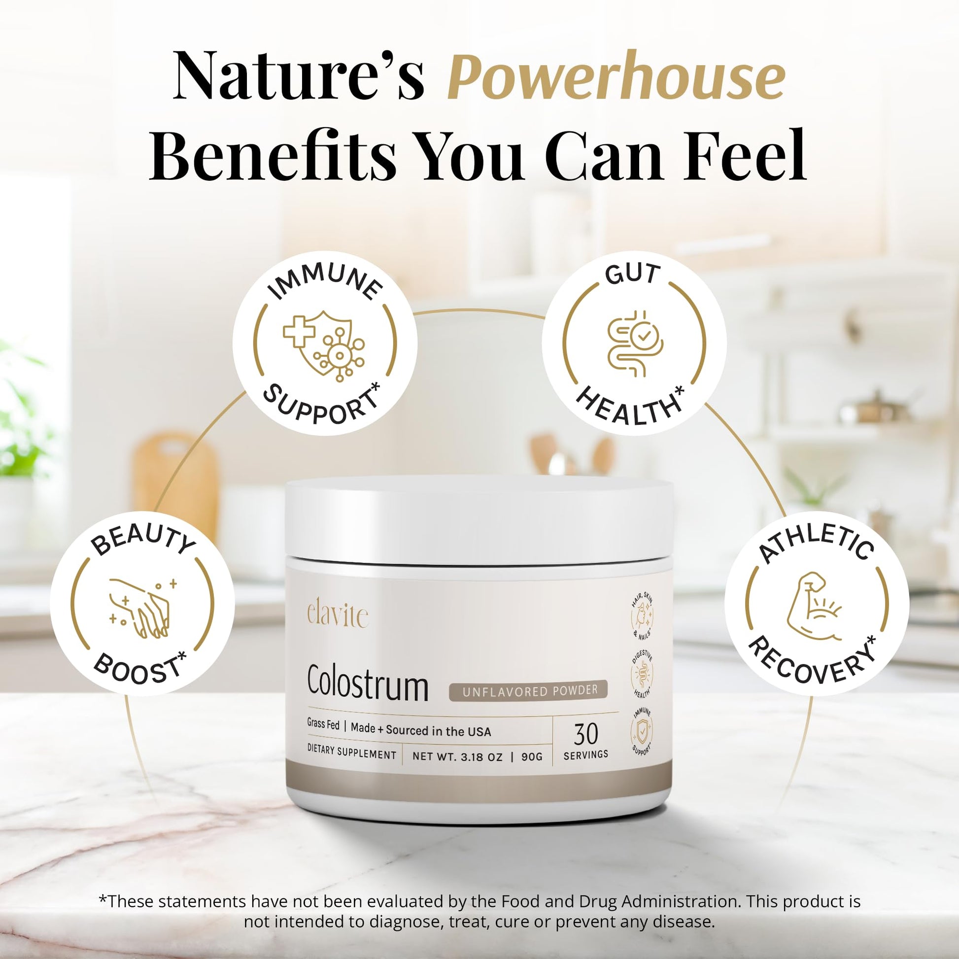 Elavite Bovine Colostrum Powder (Unflavored) Grass Fed Colostrum Supplement for Gut Health, Immune Support Healthy Hair, Skin & Nails - 30 Servings ElaviteBuy Supplements Australia