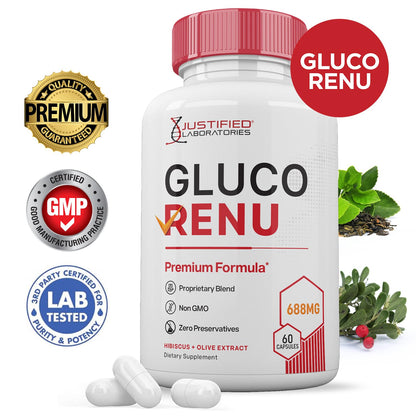 Gluco Renu 688MG Glyco Support Pills Premium Formula Gluo Renew Glycogen Support Formulated Hawthrone Hibiscus Garlic Junpier Powder Olive Forskolin Green Tea Extract 60 Capsules Justified LaboratoriesBuy Supplements Australia