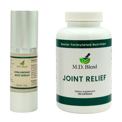 M.D. Blend Wellness Bundle with joint health supplement (120 capsules) & lightweight face hydrating hyaluronic acid serum (30 ml) featuring an airless pump, daily wellness skincare + joint support duo M.D. BlendBuy Supplements Australia