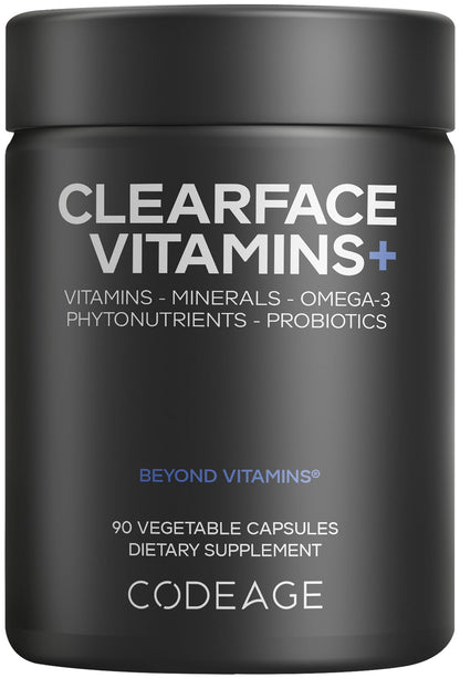 Codeage Clearface Pantothenic Acid, Niacin Supplement, Vitamins A, C, D3, E, Probiotics, Zinc, Riboflavin, Thiamin, L-Lysine HCL & Omega-3, Niacinamide, Skin Botanical Blend - Non-GMO - 90 Capsules CodeageBuy Supplements Australia