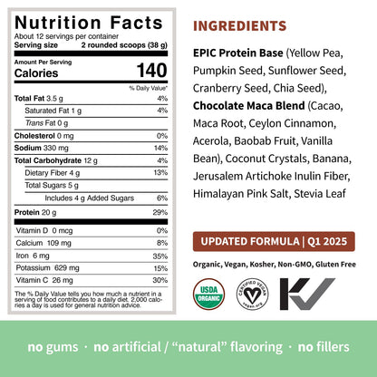Sprout Living Epic Protein, Plant Based Protein & Superfoods Powder, Chocolate Maca Powder | 20 Grams Organic Protein Powder, Vegan, Non Dairy, Non-GMO, Gluten Free