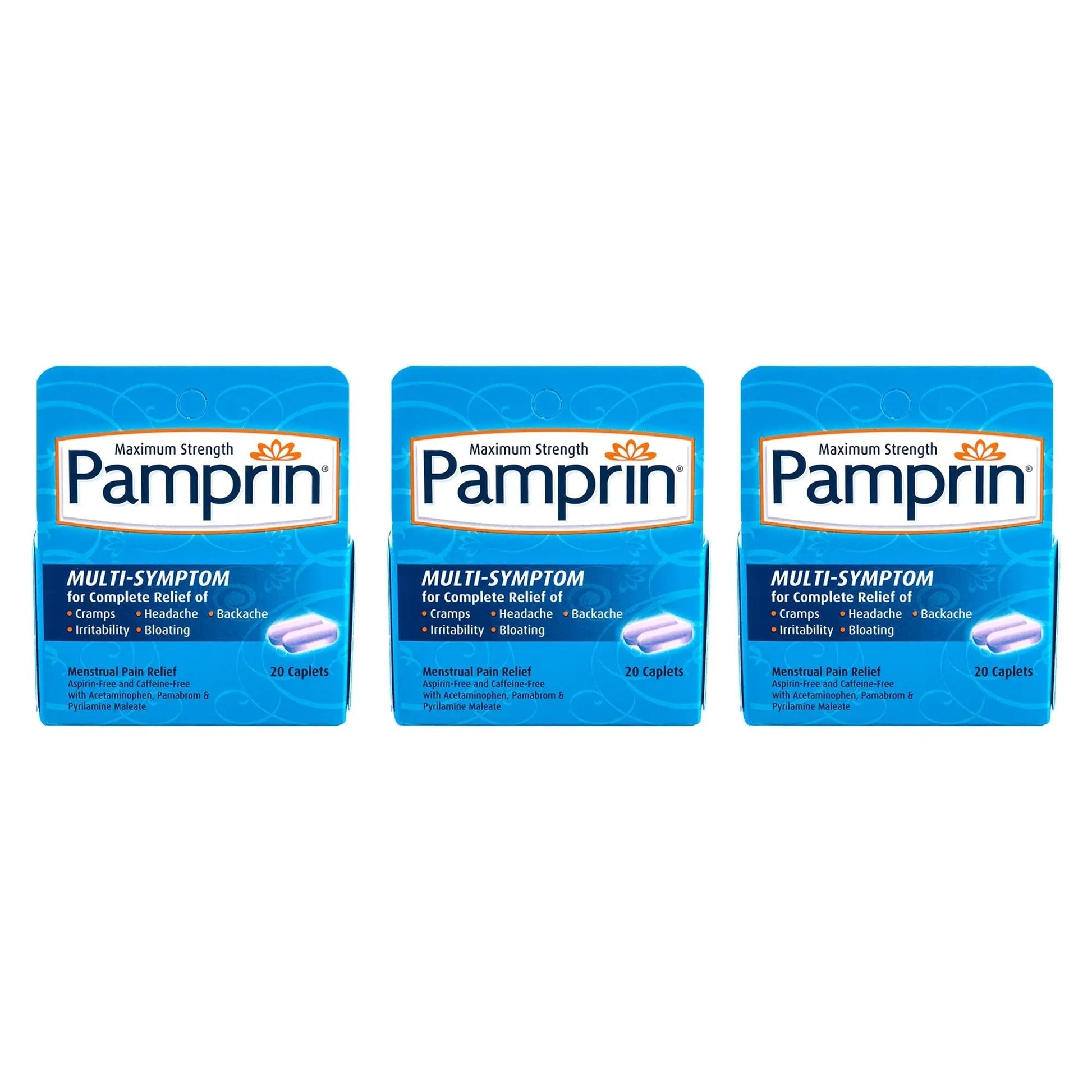 Pamprin Multi-Symptom Formula, with Acetaminophen, Menstrual Period Symptoms Relief, 20 Caplets (Pack of 3) PamprinBuy Supplements Australia