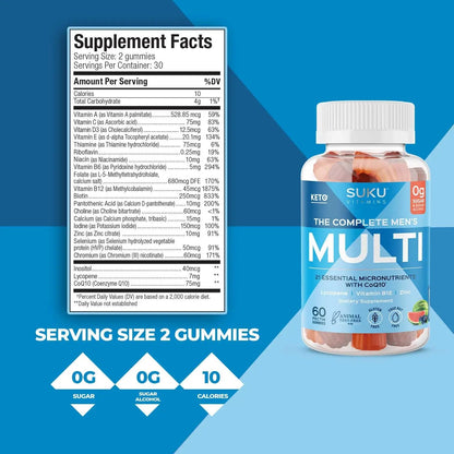 SUKU Men's Daily Multivitamin Gummies – Vitamins A, B12, C, D3, E, Zinc, CoQ10 & Lycopene – Prostate, Heart & Immune Support SUKUBuy Supplements Australia