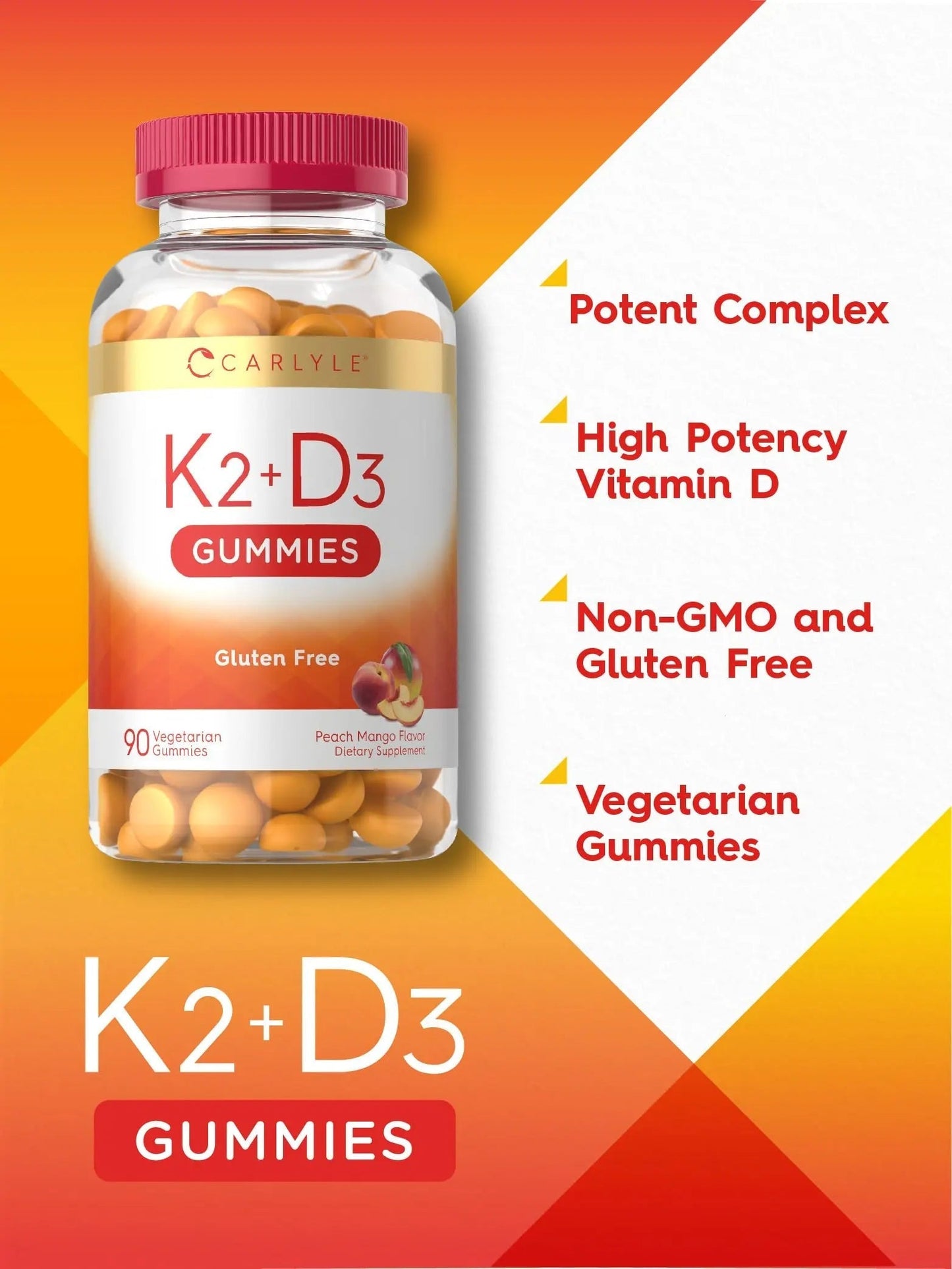 Carlyle Vitamin D3 K2 Gummies | 90 Count | 5,000 IU of D3 + 100 mcg MK7 | Peach Mango Flavor CarlyleBuy Supplements Australia