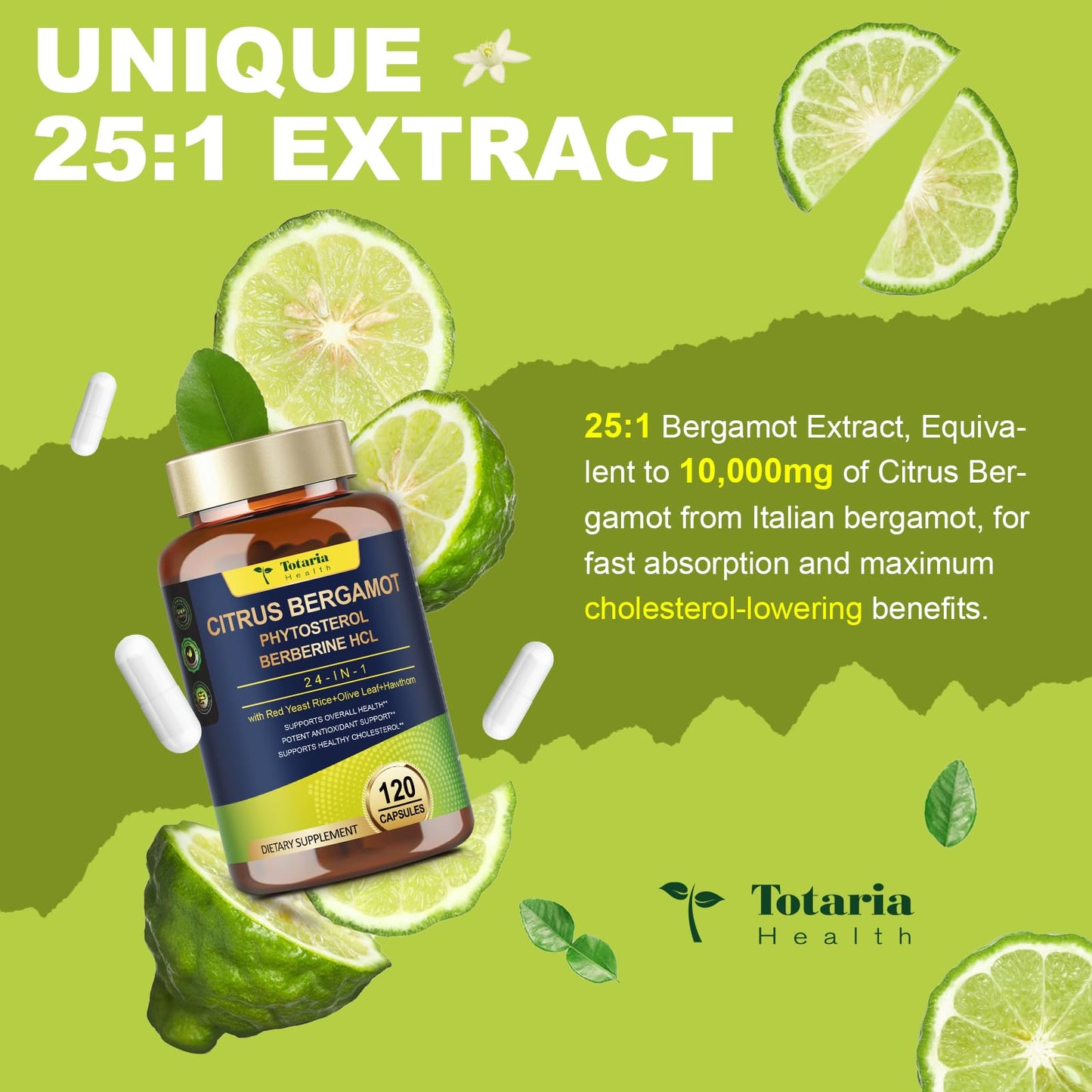 Citrus Bergamot Supplement for High Cholesterol - Italian Citrus Bergamot & Plant Sterols Stanols Natural Way to Balance Cholesterol Level,