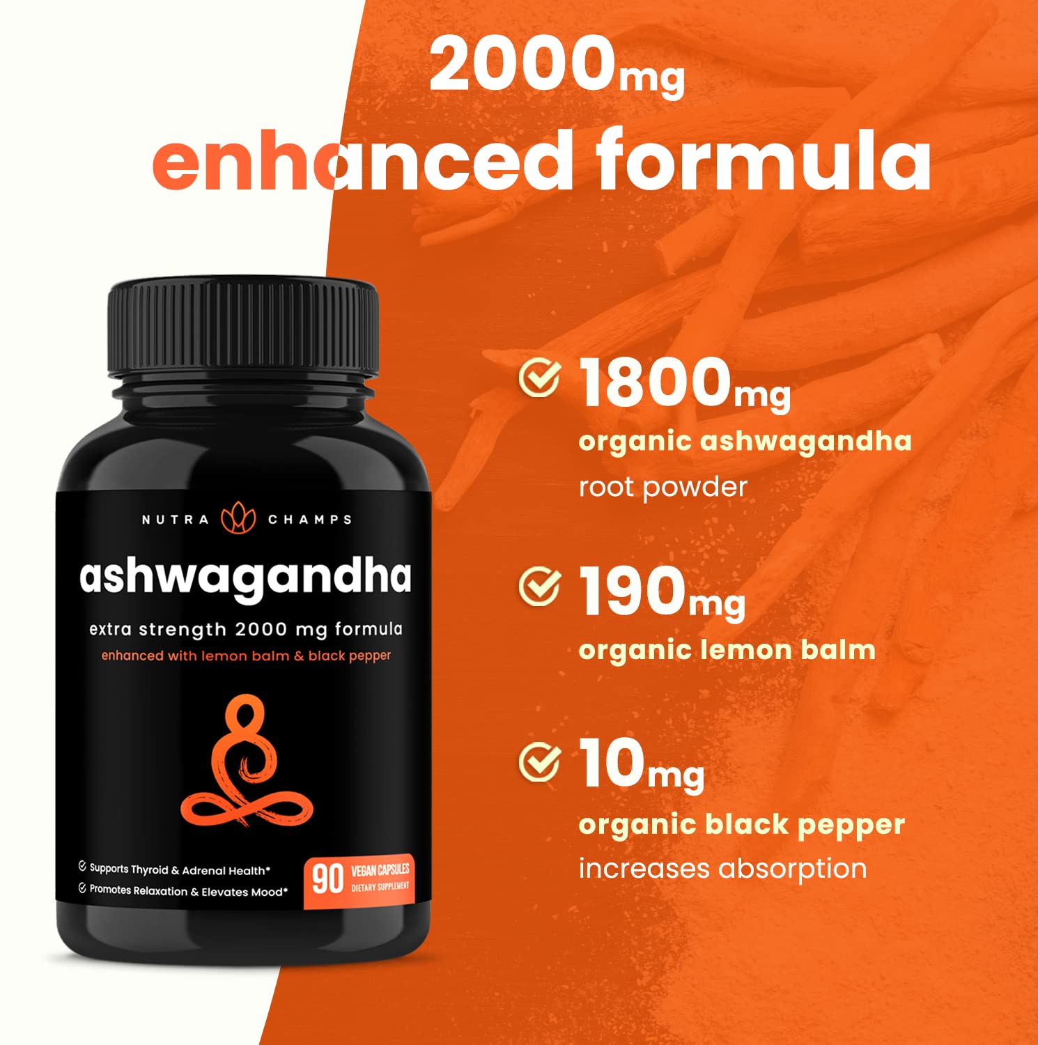 NutraChamps Organic Ashwagandha Capsules, 2000mg Adrenal Fatigue, Thyroid & Mood Support Ashwagandha Supplements, Ashwagandha Root Powder & Lemon Balm, Superior Absorption with Black Pepper NutraChampsBuy Supplements Australia