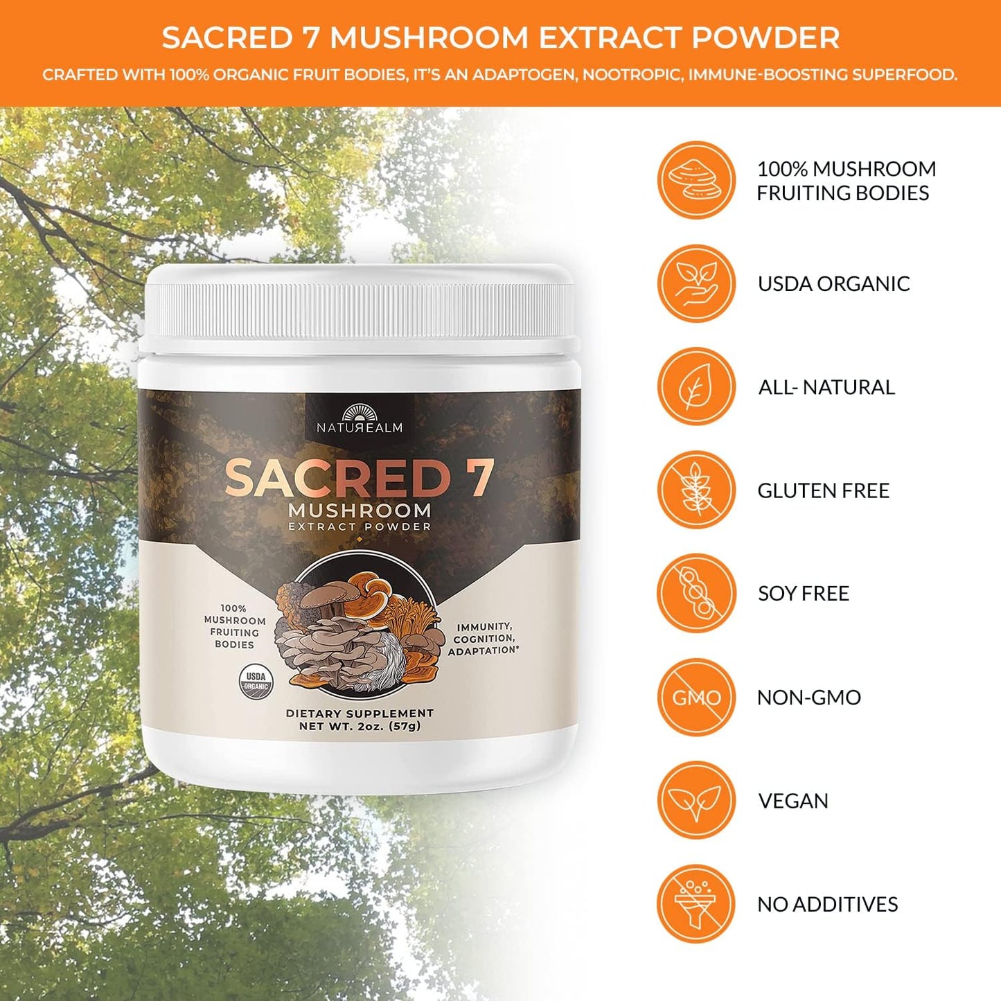 Naturealm Sacred 7 Mushroom Extract Powder - USDA Organic - Lion's Mane, Reishi NaturealmBuy Supplements Australia
