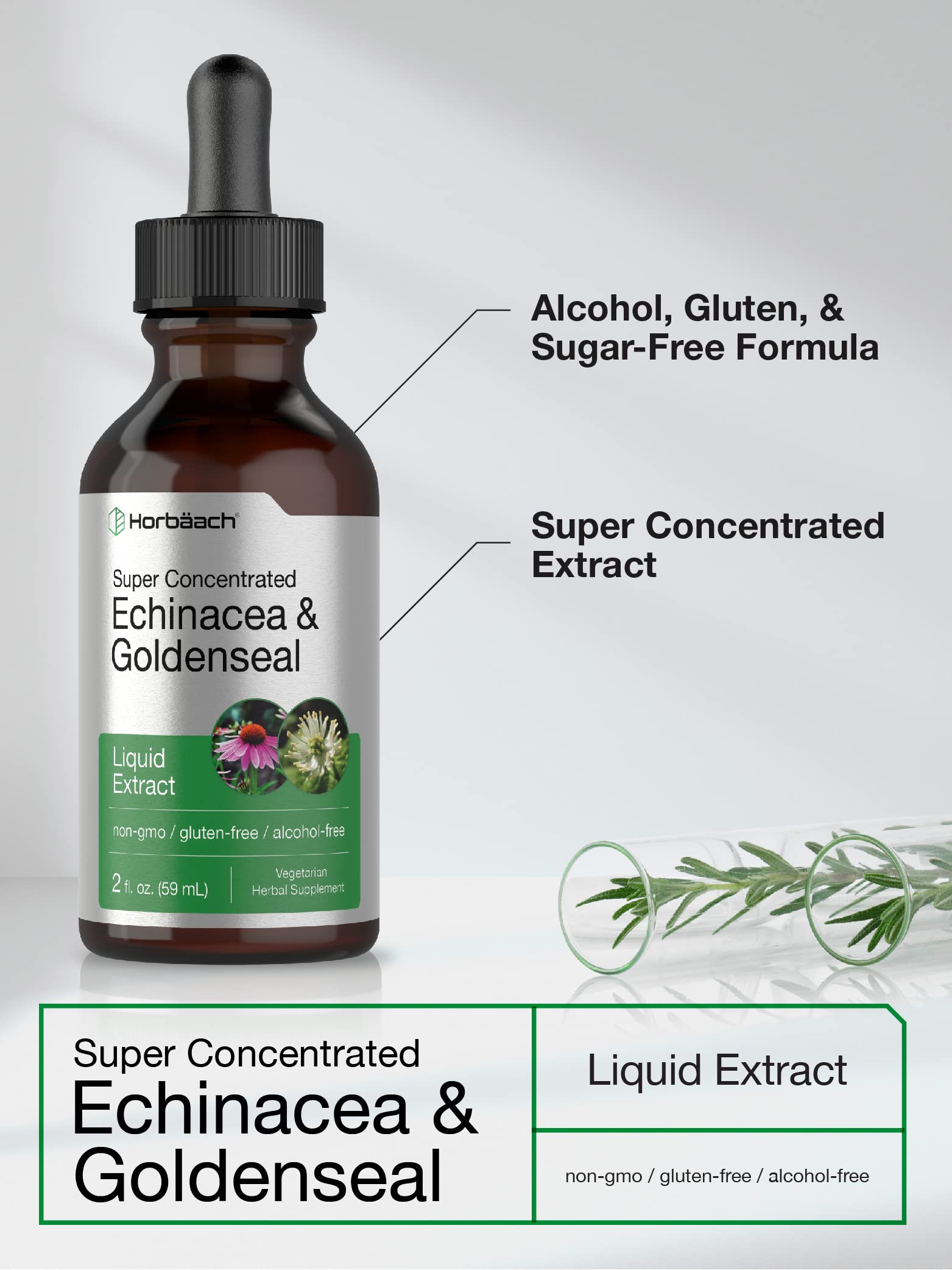Echinacea Goldenseal Liquid Extract | 2 fl oz | Alcohol Free Tincture Drops | Vegetarian HorbäachBuy Supplements Australia