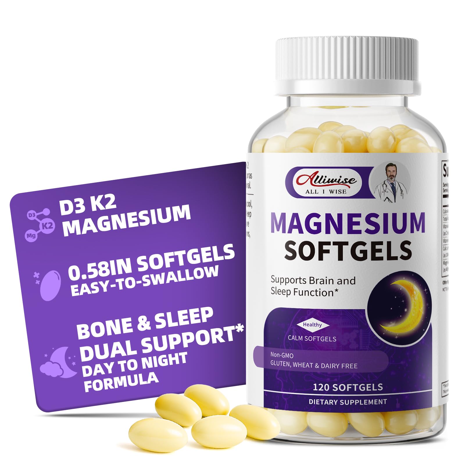 Magnesium Glycinate 400mg Softgels, Small Easy to Swallow High Absorption Magnesium Supplement, with Vitamin D3 & K2 for Sleep Relax Calm Muscle Bone* Health, 120 Gelcaps AlliwiseBuy Supplements Australia