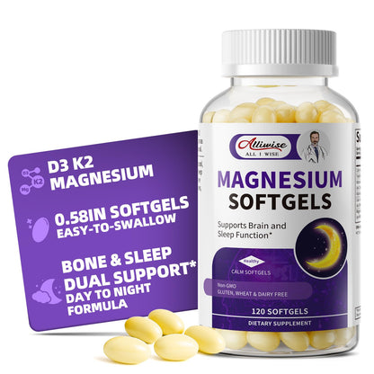 Magnesium Glycinate 400mg Softgels, Small Easy to Swallow High Absorption Magnesium Supplement, with Vitamin D3 & K2 for Sleep Relax Calm Muscle Bone* Health, 120 Gelcaps AlliwiseBuy Supplements Australia