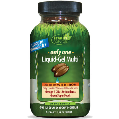 Irwin Naturals Only One Liquid-Gel Multi with Iron - 60 Liquid Softgels - Daily Essential Vitamins, Minerals, Antioxidants, Omega-3s & Green Super Foods Irwin NaturalsBuy Supplements Australia