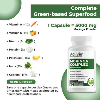 Aclivia - Moringa Complex - Maximum Strength Moringa Oleifera Leaf & Seed Supplement - Superfood Capsules with Antioxidant Properties - 5000mg - 60 Capsules AcliviaBuy Supplements Australia