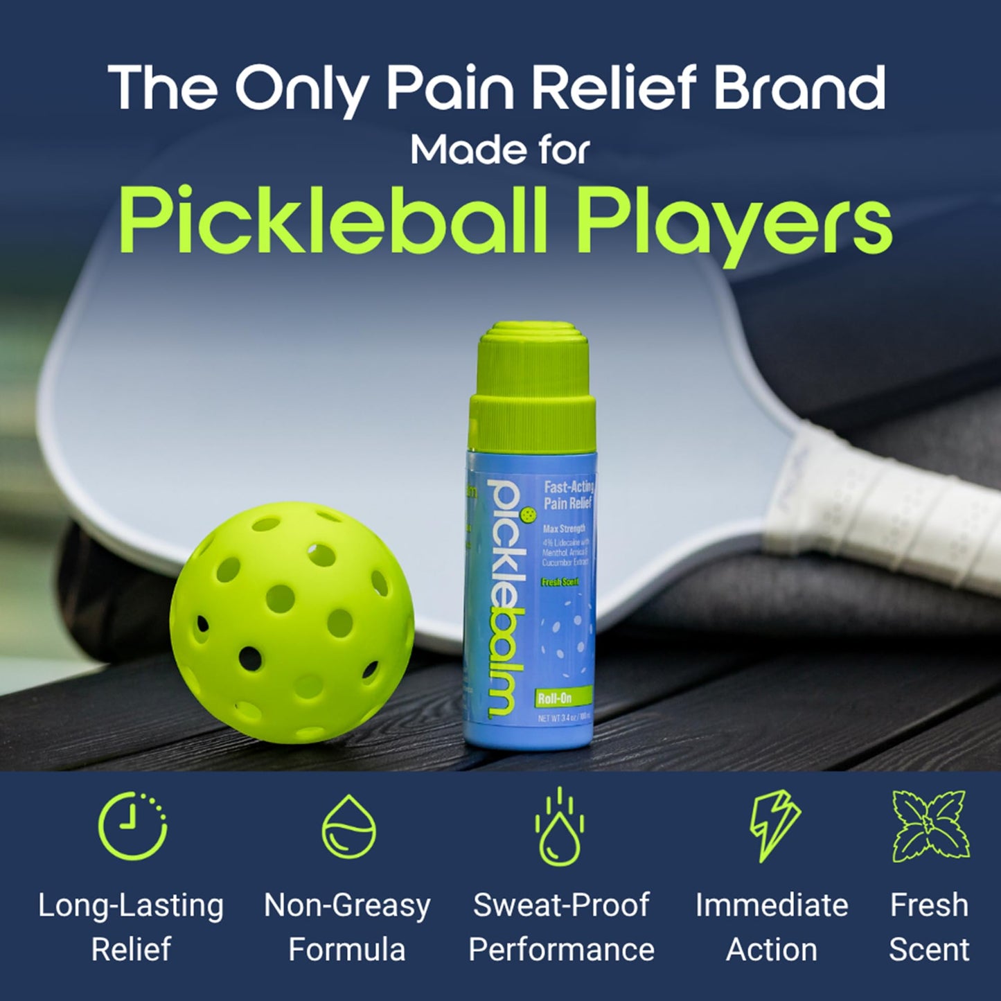 PickleBalm Pickleball In-Game Muscle Pain Relief Roll-On with 4% Lidocaine, Arnica, Menthol, Cucumber Seed Extract for Shoulders, Knees, Wrists, and More, 3.4oz Roll-On Applicator PickleBalmBuy Supplements Australia