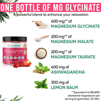 Adndale 90 CT Magnesium Glycinate 400 mg Gummies with Ashwagandha, Magnesium Malate & Taurate, Sugar Free Magnesium Gummies