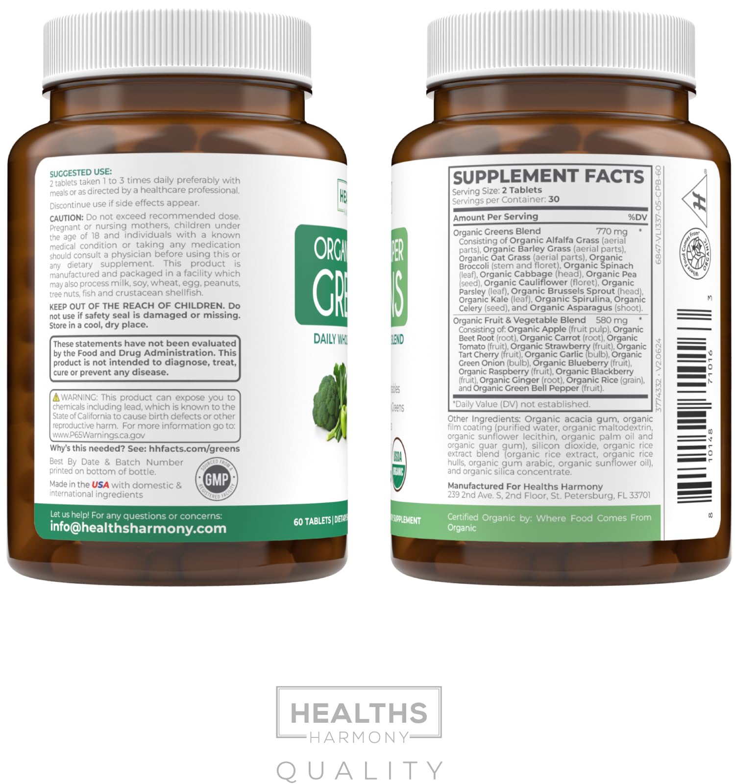 USDA Organic Super Greens Supplement - Organic Greens Fruits and Vegetable Supplement for Adults with 28 Superfood Complex with Superfruits Roots Herbs & More - Vegan & Non-GMO (Up to 1 Month Supply) Healths HarmonyBuy Supplements Australia