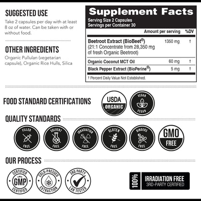 BioBeet® Max Strength Beet Root Capsules - 21:1 Concentrate, Each Serving Derived from 28,350 mg Organic Beetroot - Absorption Enhancement