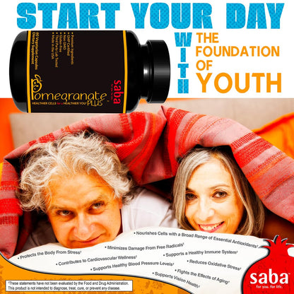 Saba Pomegranate Plus – Antioxidant Supplement with Astaxanthin & Adaptogens | Immune, Skin, Heart & Brain Support | Daily Stress & Cellular Wellness | 60 Capsules SabaBuy Supplements Australia