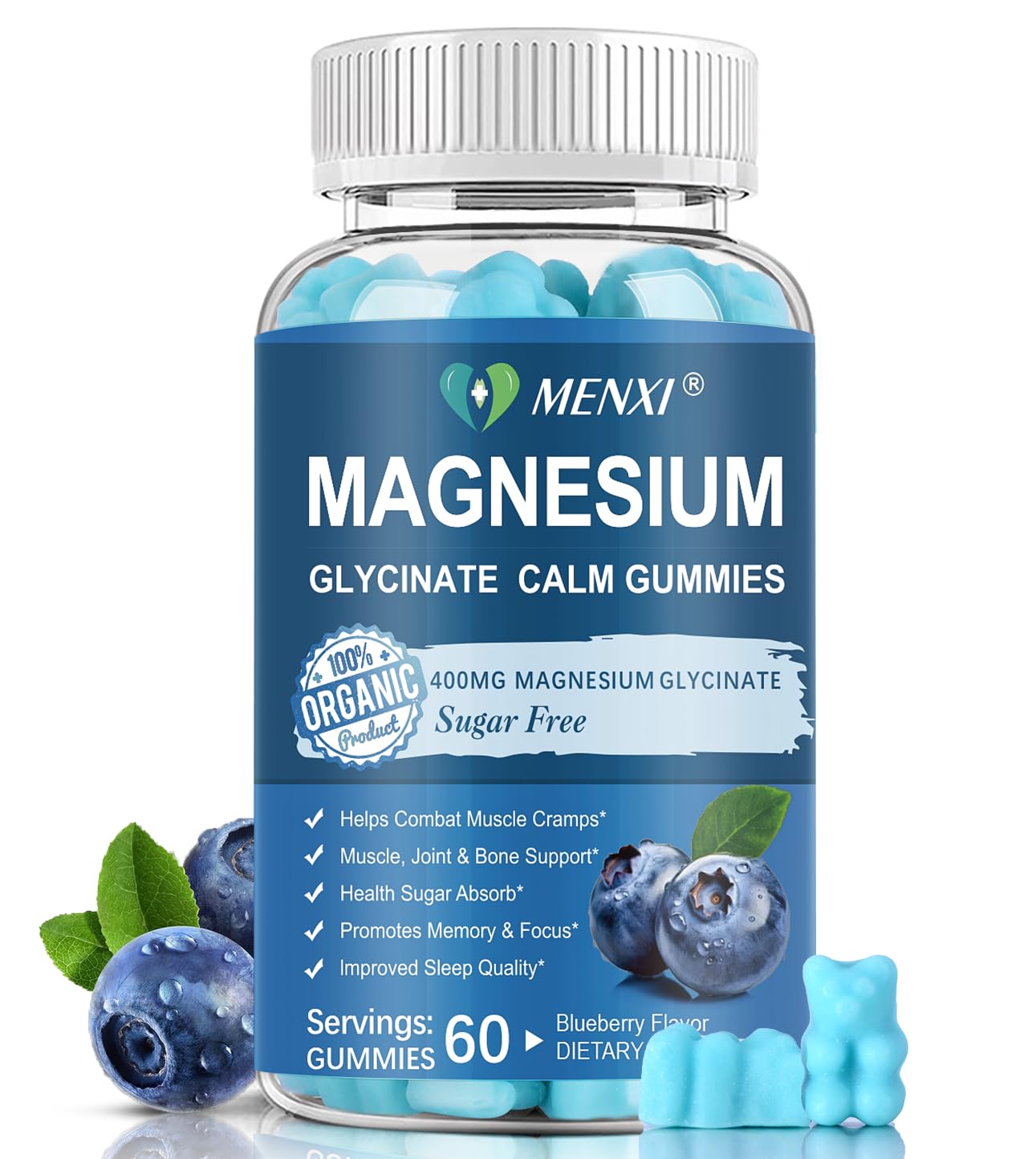 Magnesium Gummies 600mg per Serving-Magnesium Glycinate 400mg and Magnesium Malate 200mg,Sugar Free Magnesium Potassium Supplement for Calm Mood, Muscle, Bone & Sleep Support,60 Blueberry Gummies MENXIBuy Supplements Australia