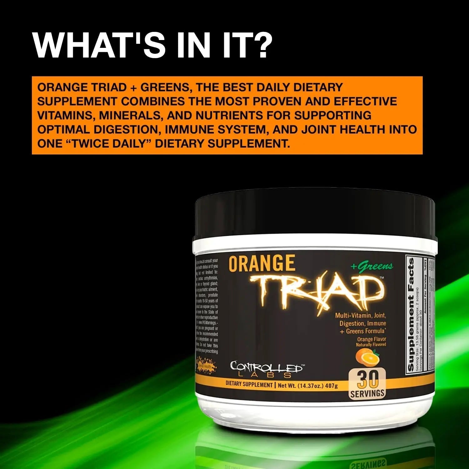 CONTROLLED LABS Orange Triad Plus Greens for Men and Women, 30 Servings Iron Free Sports Supplement for Overall Health CONTROLLED LABS