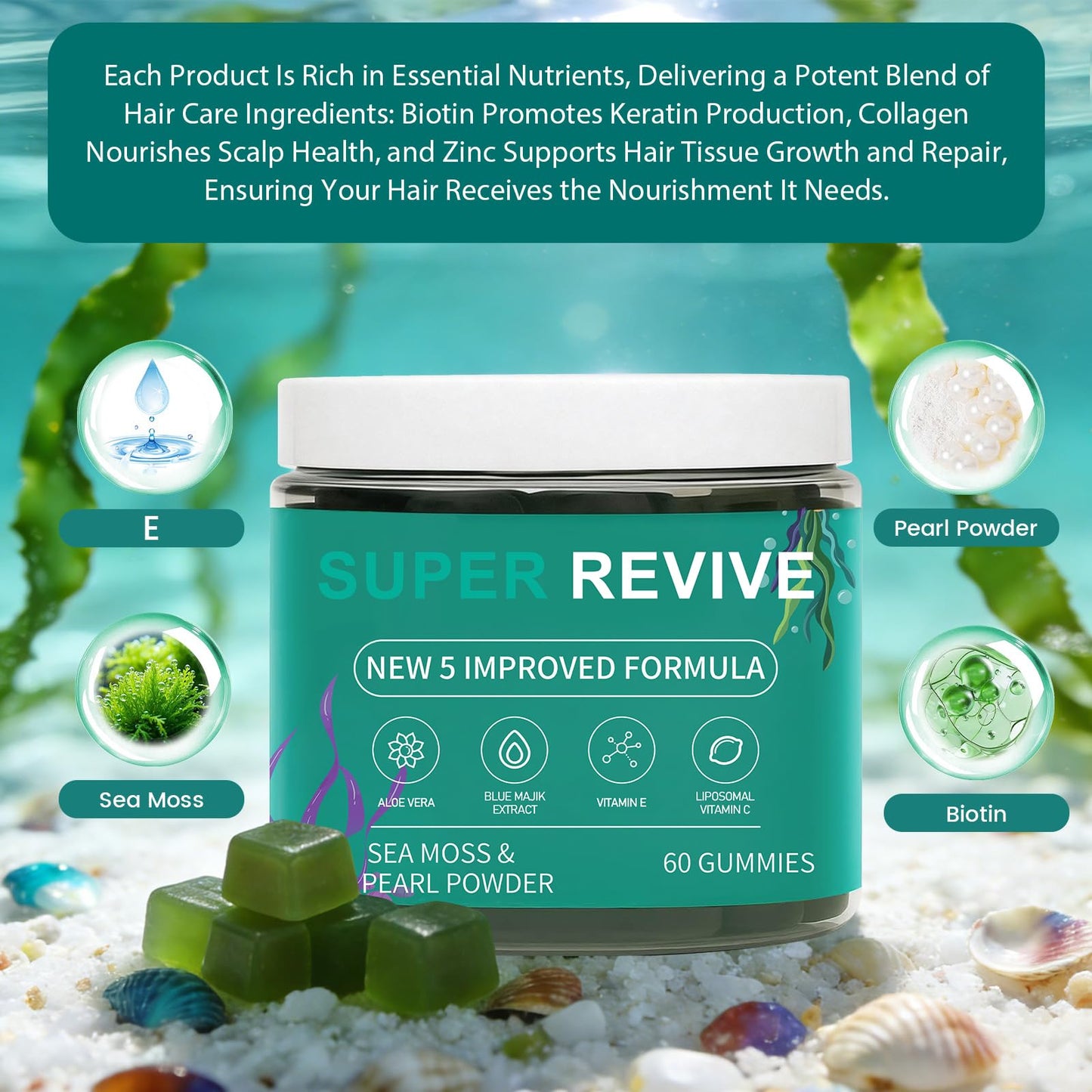 caicieter Super Revive Gummies for Hair Loss - Sea Moss Gummies with Vitamin C, E, Aloe Vera & Pearl Powder Glow, Promotes Thicker, Fuller & Stronger Hair - 60 Count caicieterBuy Supplements Australia