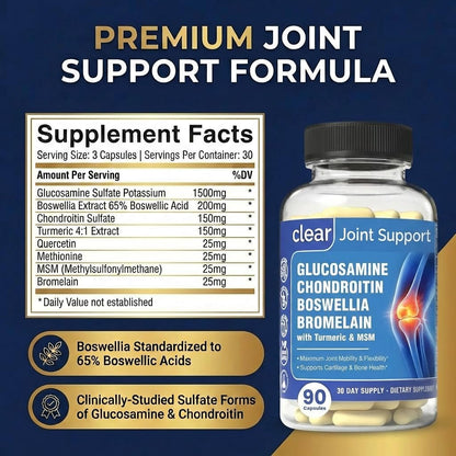 Clear Joint Support - 1500mg Glucosamine Chondroitin MSM - 8 in 1 Joint Health Supplement with Turmeric and Boswellia for Men & Women, Knee, Hip & Back Support, Made in USA, 90 Capsules Clear ProbioticsBuy Supplements Australia