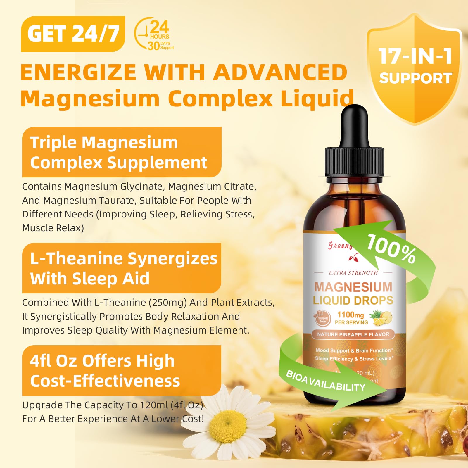 GREENPEOPLE Magnesium Glycinate Liquid Drop - 17-in-1 4Fl. Oz Triple Magnesium Complex Supplement with Glycinate 400mg & Citrate 500mg Taurate/L-Theanine for Calm Mood/Muscle/Sleep,Pineapple Flavor GREENPEOPLEBuy Supplements Australia
