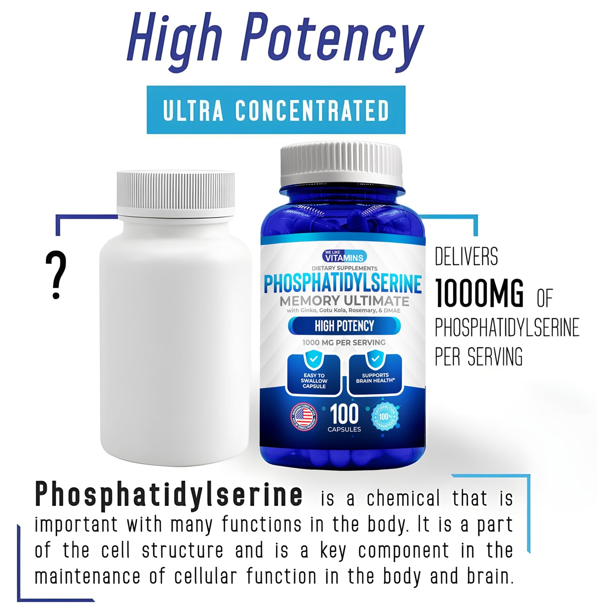 We Like Vitamins Phosphatidylserine Supplement with Gingko Biloba, Gotu Kola, DMAE - Improves Focus, Memory, Cognitive Function - Soy-Free 1000mg Memory Ultimate Complex - 100 Easy-to-Swallow Capsules We Like VitaminsBuy Supplements Australia