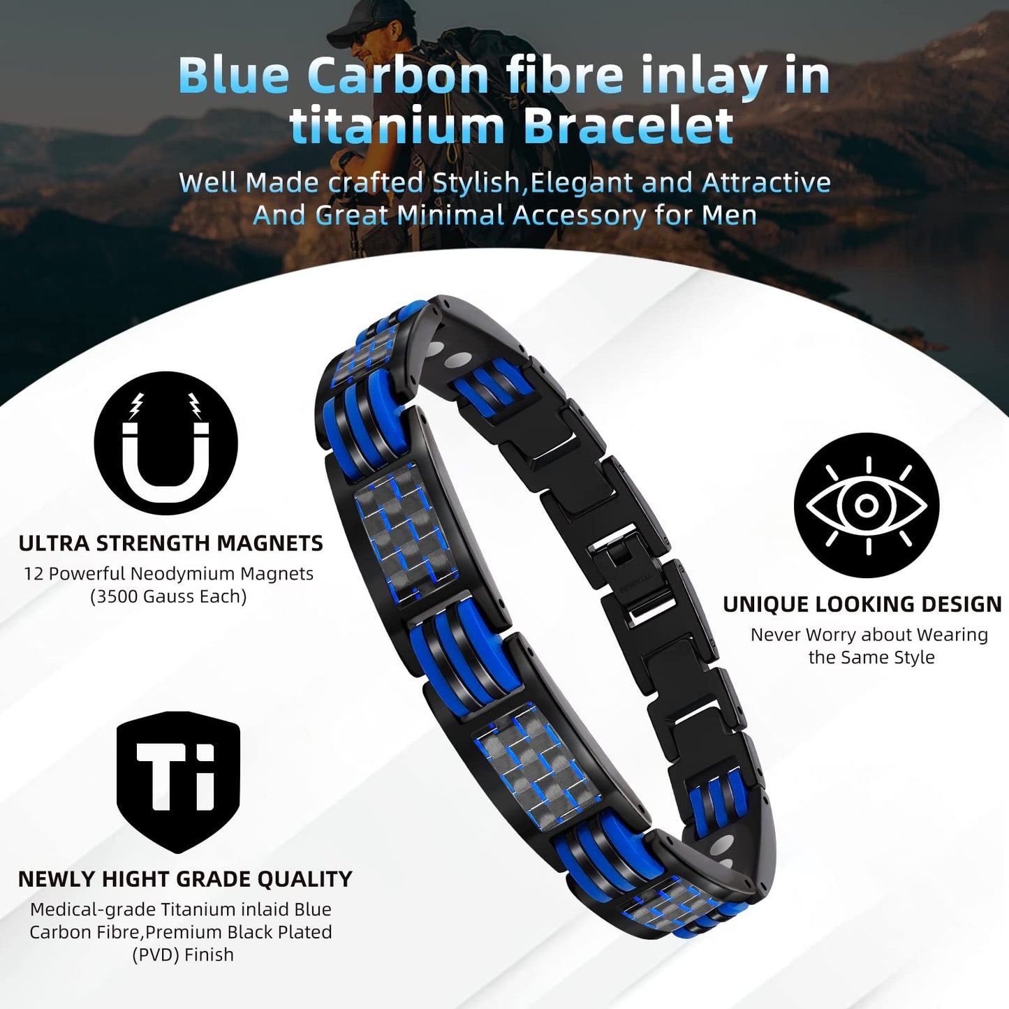 JEROOT Magnetic Bracelets for Men, Blue Carbon Fiber Pure Titanium Magnetic Bracelet JEROOTBuy Supplements Australia