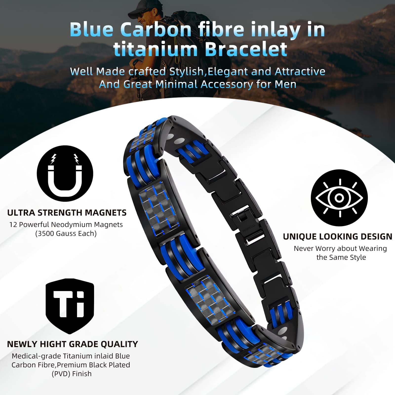 JEROOT Magnetic Bracelets for Men, Blue Carbon Fiber Pure Titanium Magnetic Bracelet JEROOTBuy Supplements Australia